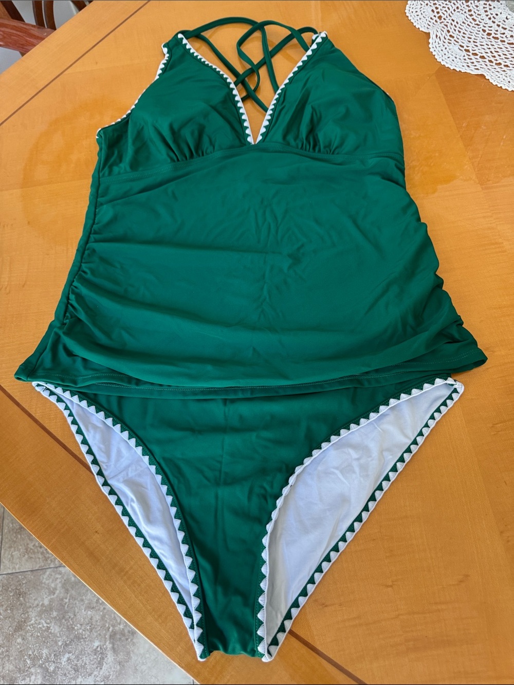 Zaful Green Girls' Crisscross One-Piece Swimsuit with White Trim size xl